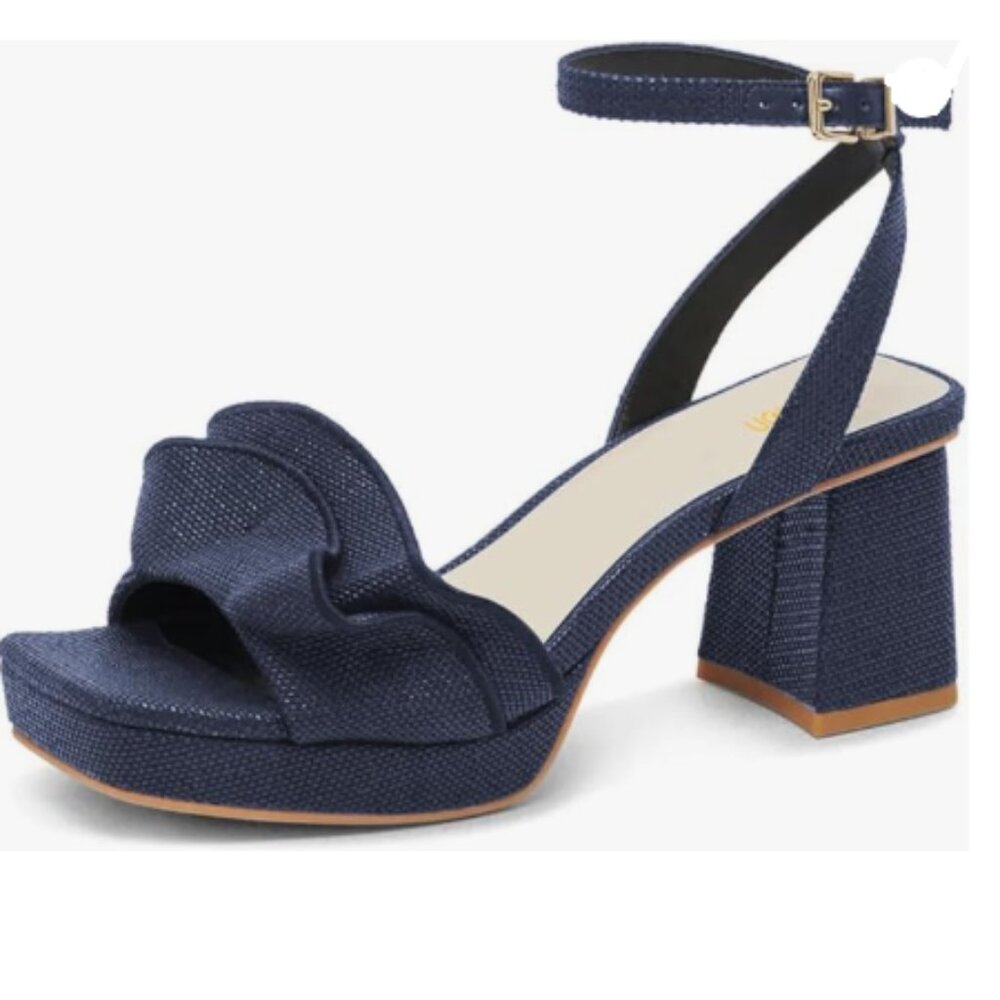 Pazzion Dark Blue Platform Square Toe Pleated Ruffle Sandal Block High Heel Shoe